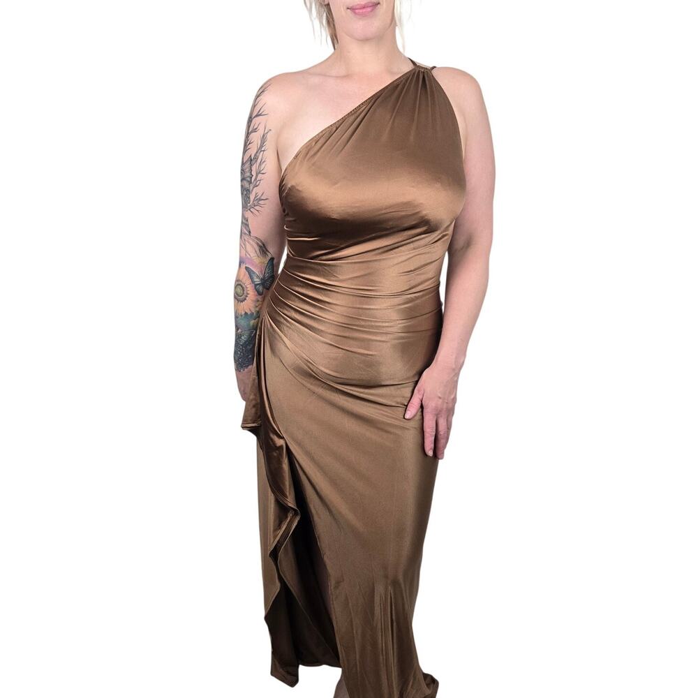 Large & XL Brown Sexy One Shoulder Satin Maxi Dress w Slit [TF034-Brown] - Picture 2 of 8